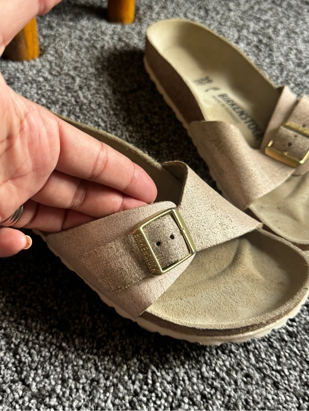 Birkenstock Beige Suede Single Strap Slide with Gold Buckle